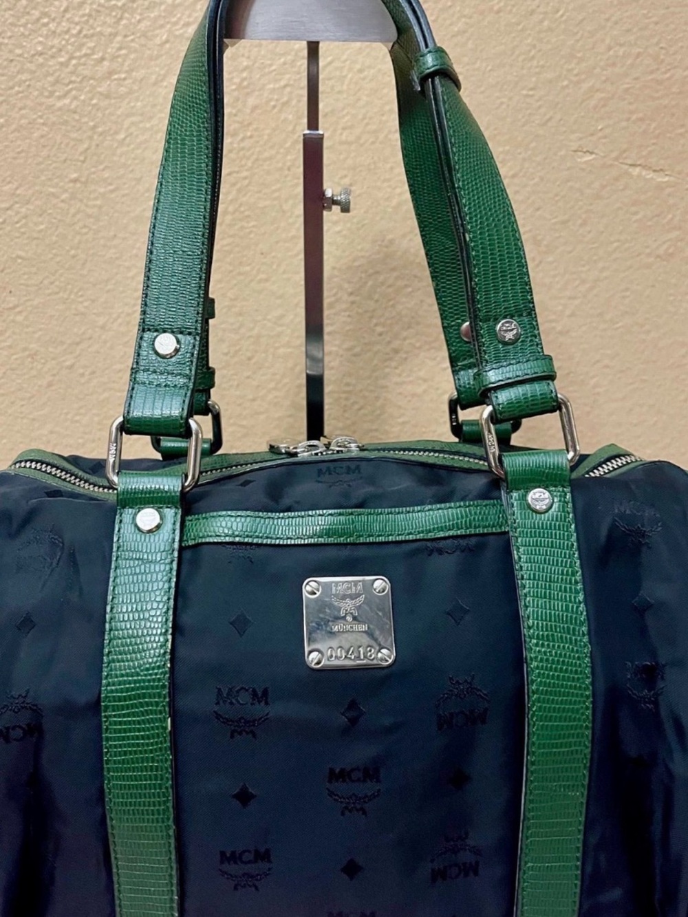 MCM Black Nylon Duffel with Green Leather Trim